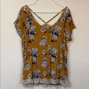 Yellow Flowered Criss Cross Back T-Shirt